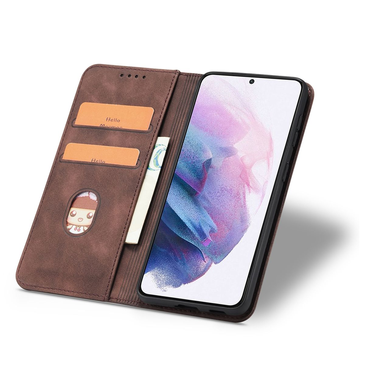 Braune Handyhülle, offen, mit Kartenfächern und einem Telefon darin.