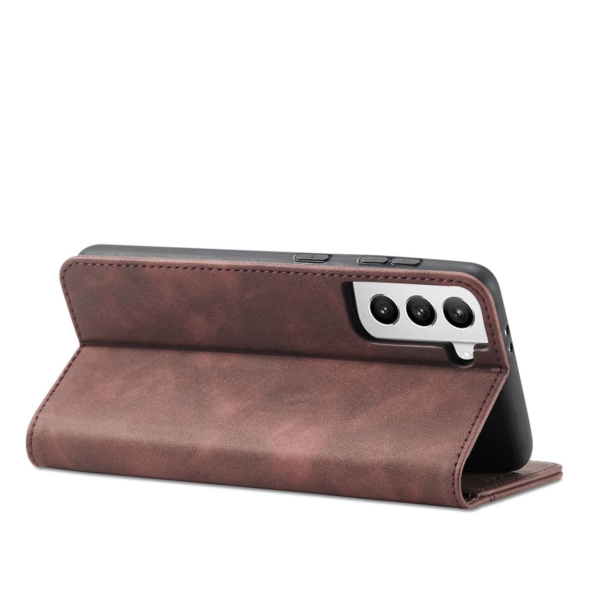 Braune Leder-Handyhülle, offen, mit Telefon. Das Telefon ist teilweise sichtbar.