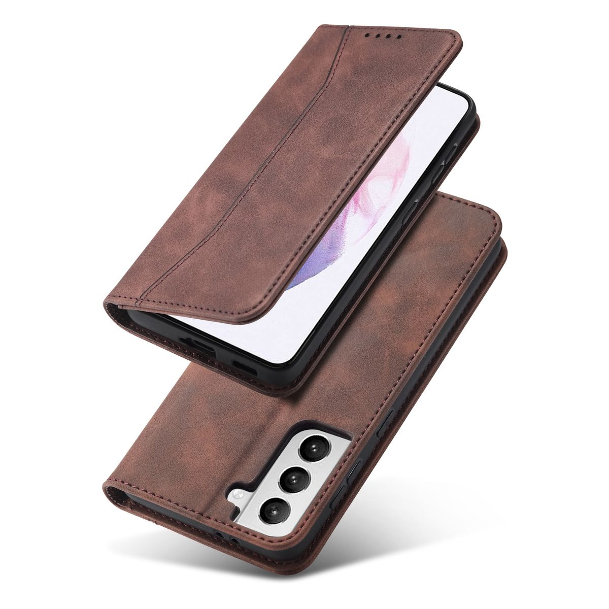 Braune Handyhülle mit einem Telefon darin. Die Hülle ist geöffnet und zeigt das Telefon und ein braunes Innere.