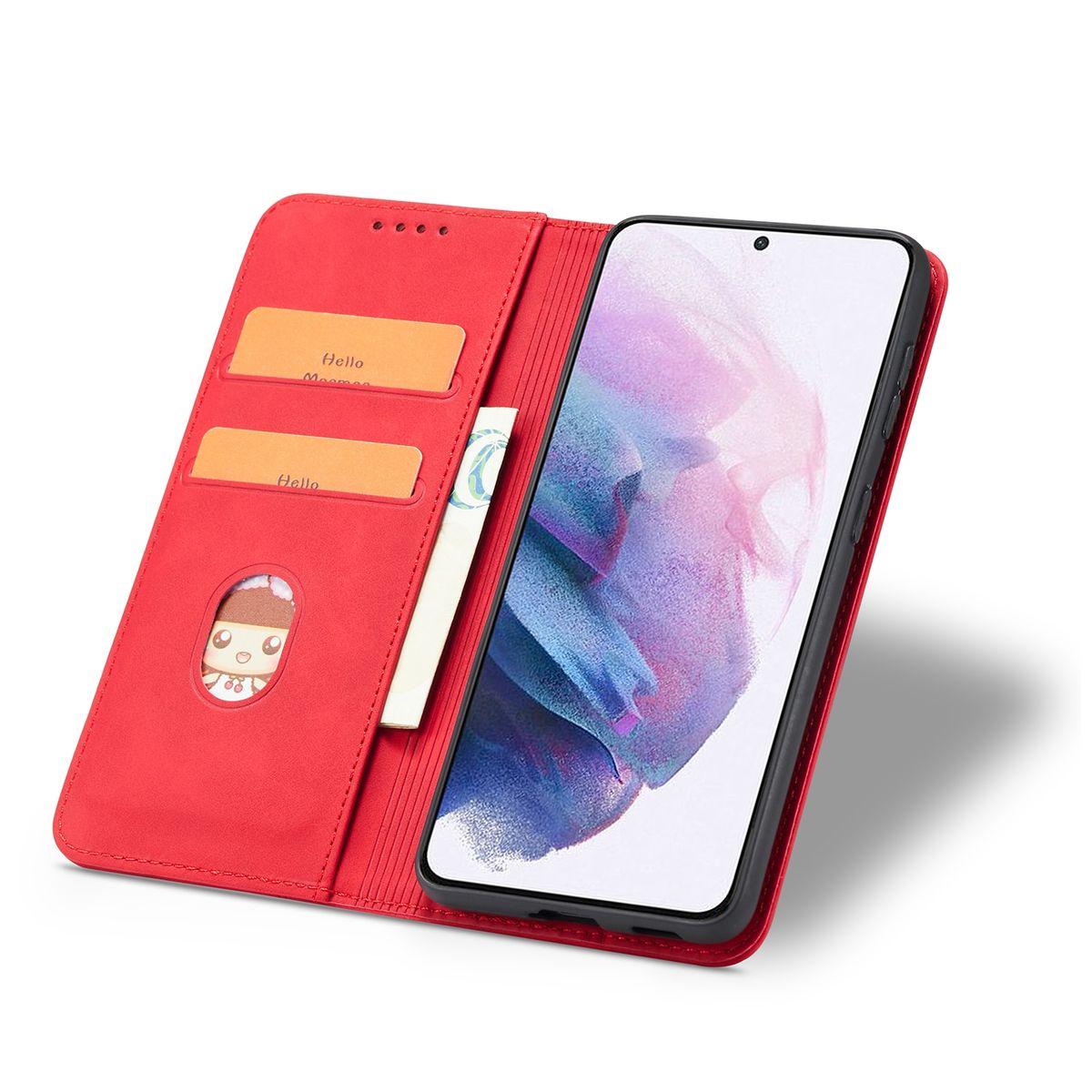 Rote Handyhülle, offen, mit Telefon, Karten und Geld darin. Weißer Hintergrund.
