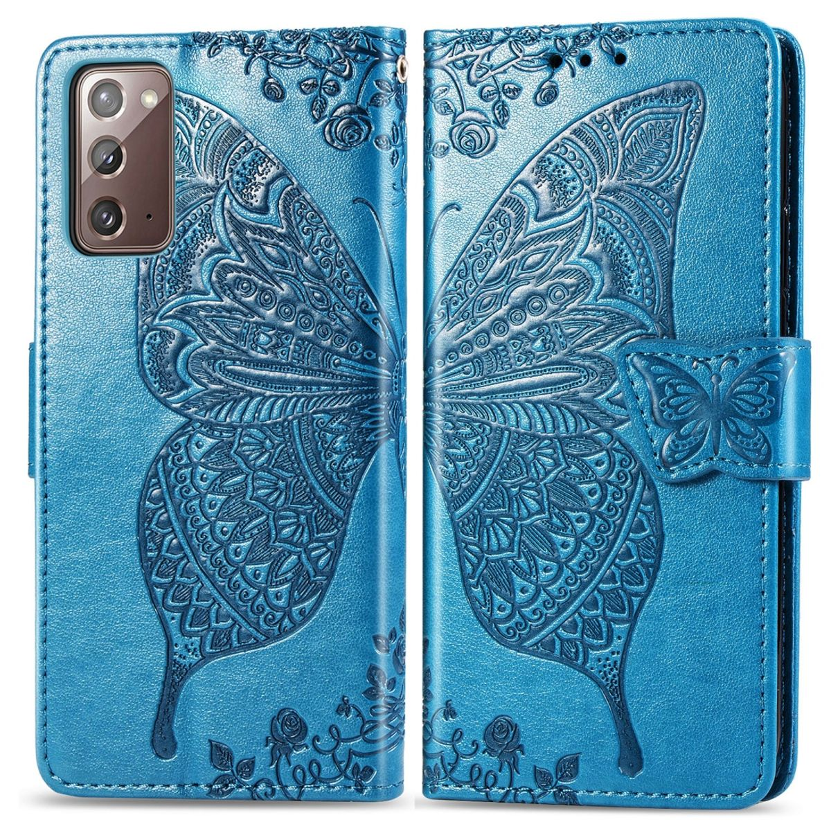 Blaue Handyhülle mit Schmetterlingsdesign und Telefon. Die Hülle ist offen.