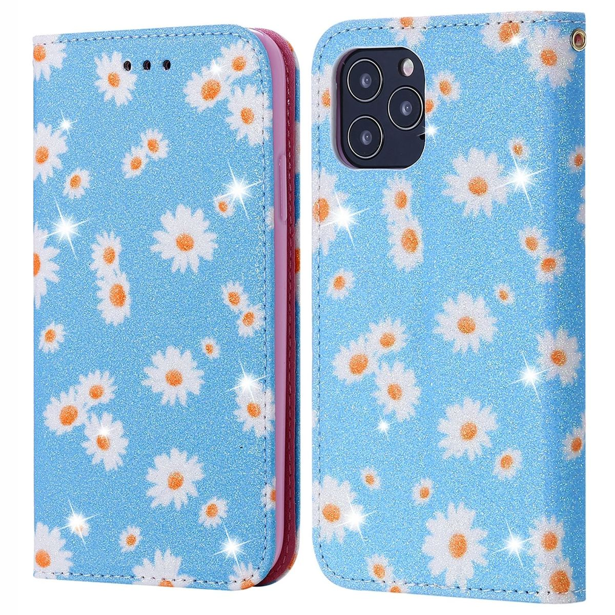 Eine blaue Glitzer-Handyhülle mit weißen Gänseblümchen. Sie ist offen und zeigt die Innenseite.