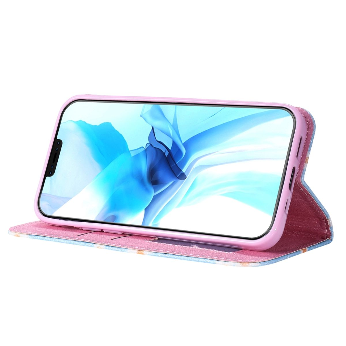 Rosa Handyhülle mit einem Telefon, das einen blau-weißen abstrakten Hintergrund zeigt.