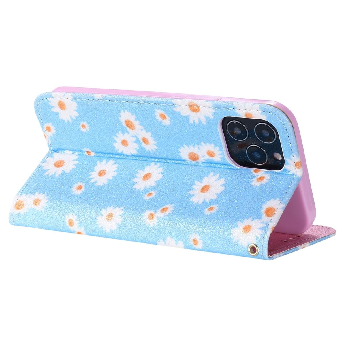 Blaue Handyhülle mit Gänseblümchenmuster, Telefon innen. Rosa Innenraum.
