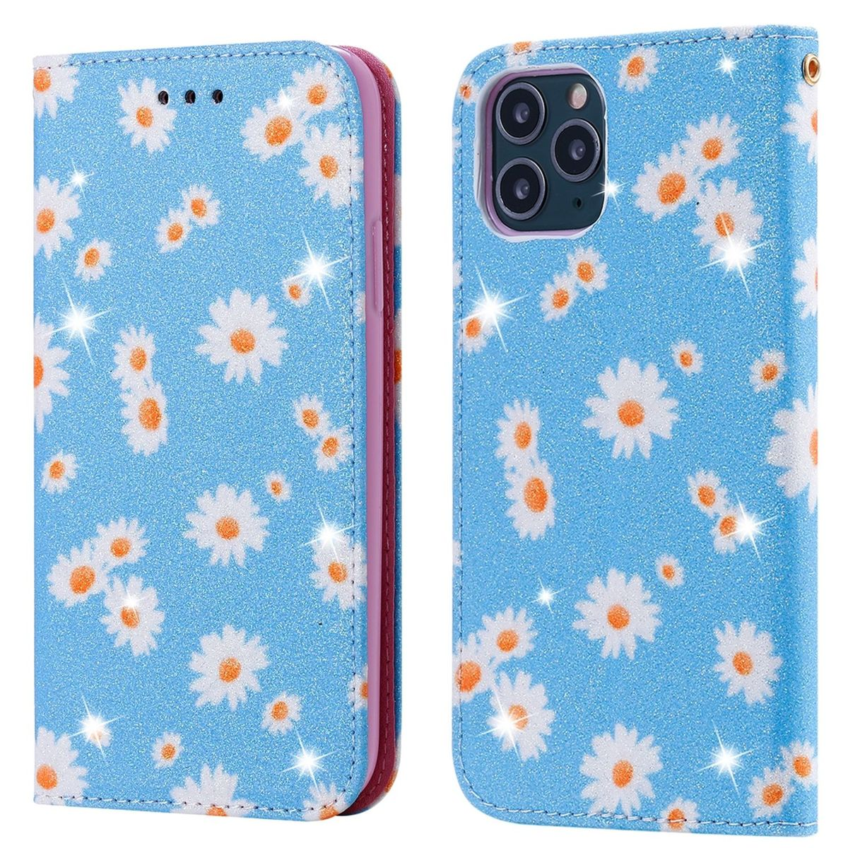 Blaue Handyhülle mit weißen Gänseblümchen. Die Hülle ist offen und zeigt das Telefon und sein Design.
