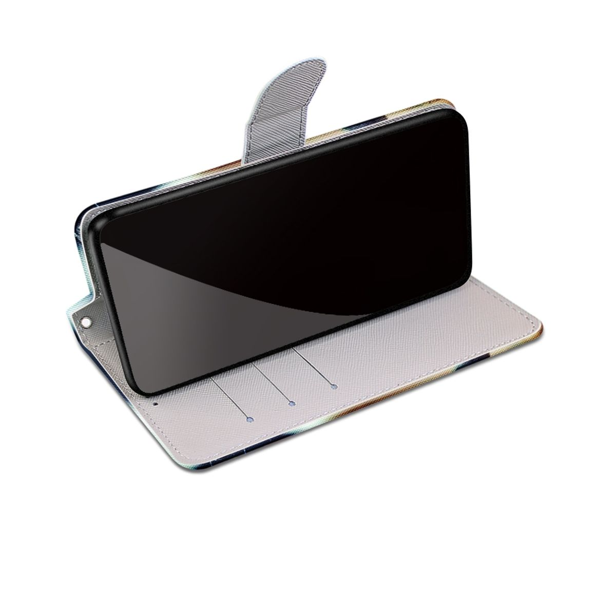 Ein Telefon befindet sich in einer geöffneten Hülle. Die Hülle hat ein Design und ist geöffnet.