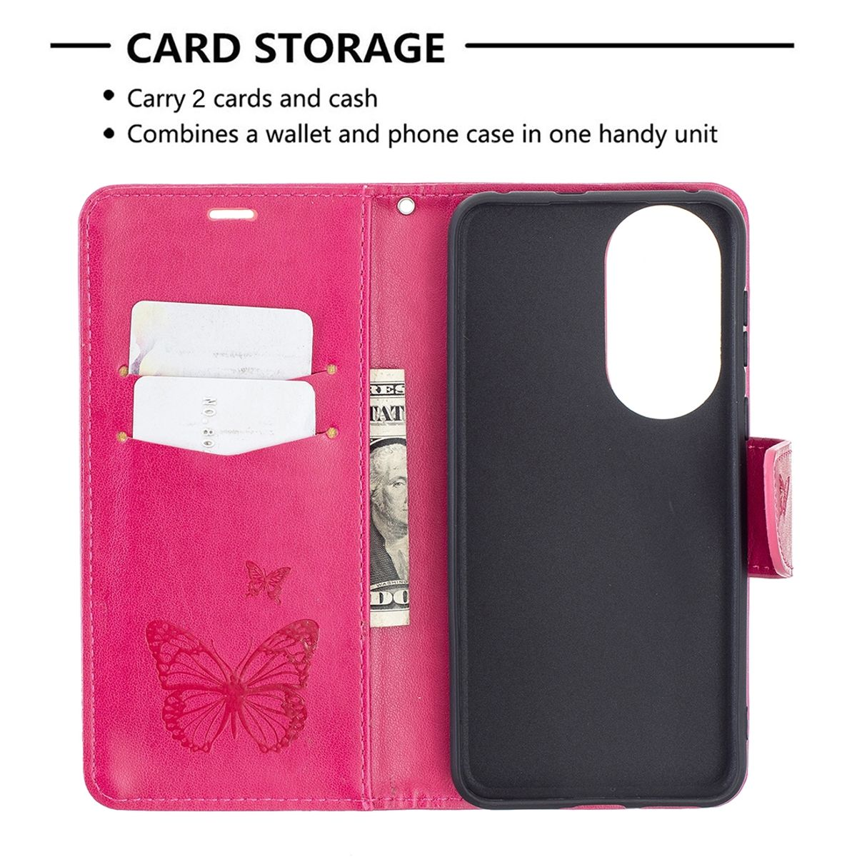 Pinke Brieftasche offen, mit Karten, Bargeld und Schmetterlingsdesign.