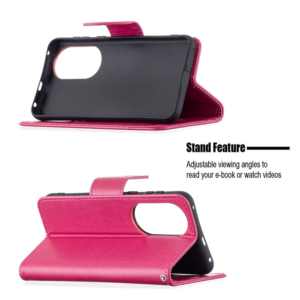 Eine rosa Handyhülle in zwei Ansichten, mit Standfunktion und Text: Stand Feature.