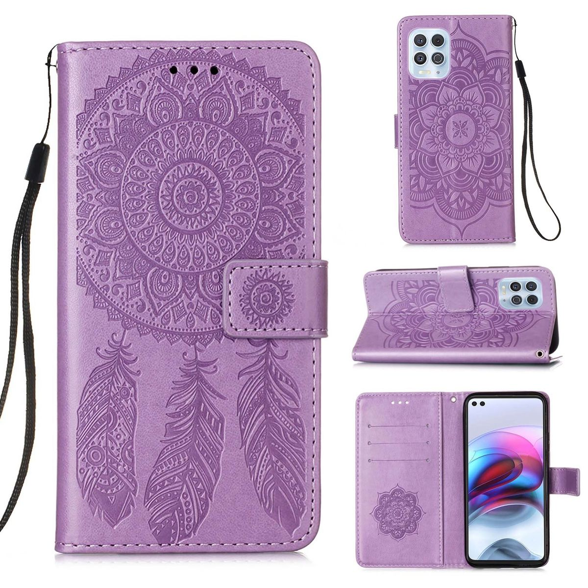 Lila Handyhülle mit geprägtem Mandala- und Federn-Design, mit einem Telefon darin.