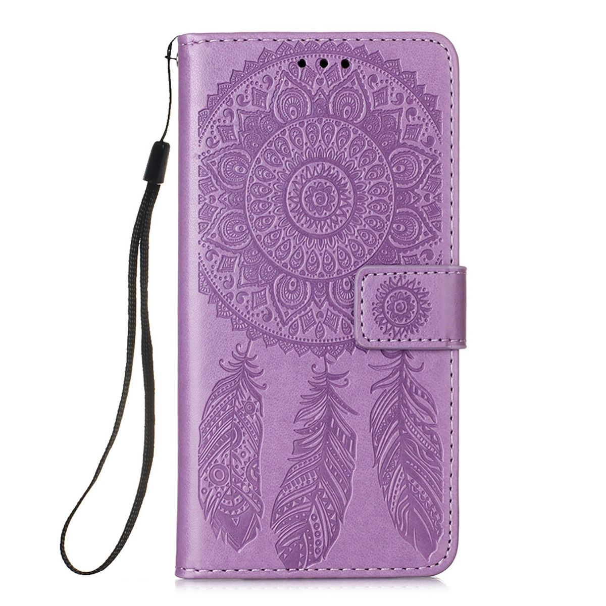 Lila Handyhülle mit Mandala-Design und drei Federmustern.