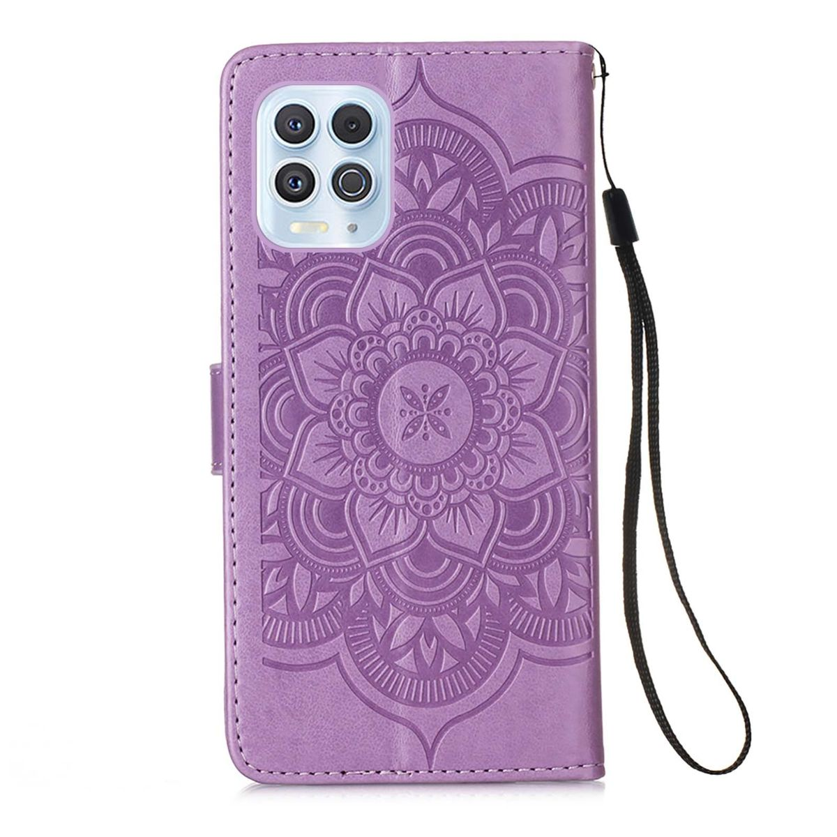 Lila Handyhülle mit geprägtem Mandala-Design und schwarzem Handschlaufe.