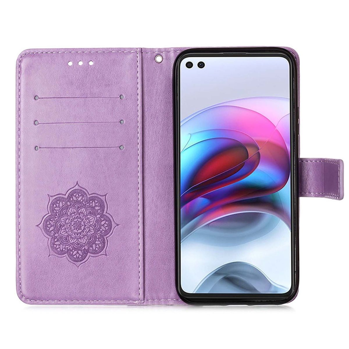 Lila Handyhülle, offen. Telefon innen. Mandala-Design links.