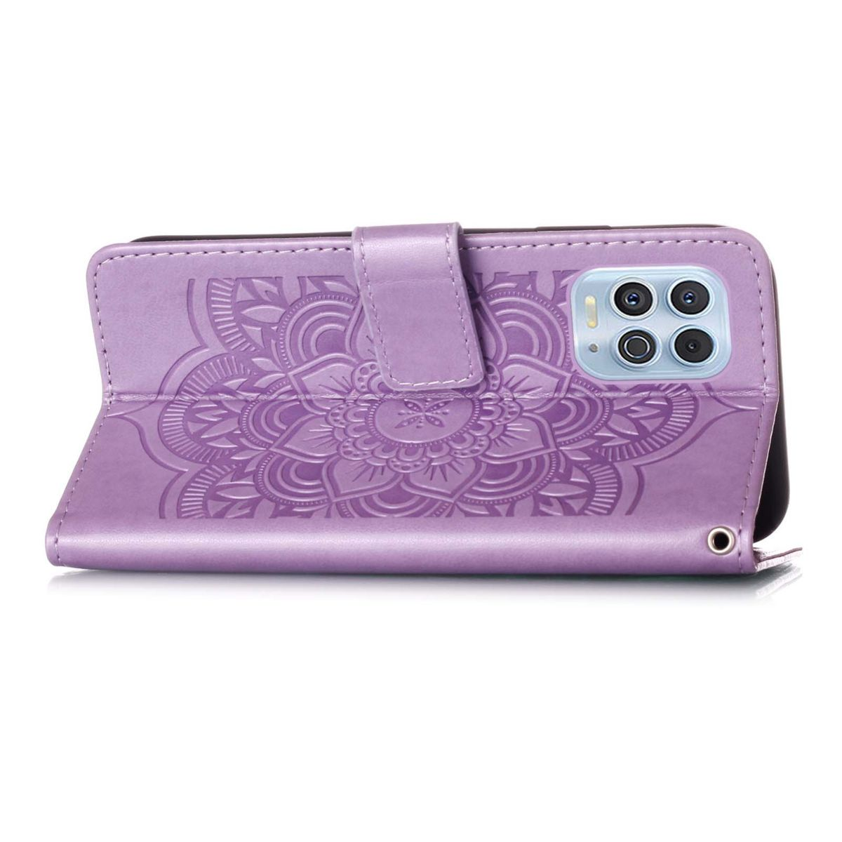 Lila Handyhülle mit geprägtem Design, offen. Rückseite des Telefons sichtbar.