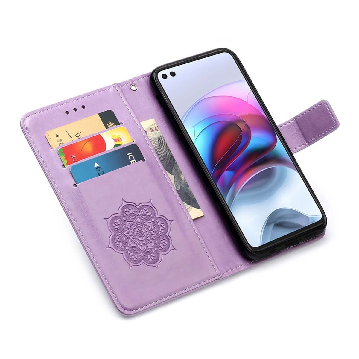 Lila Handyhülle mit Telefon. Karten in Schlitzen und Mandala-Design. Telefon zeigt buntes Bild.