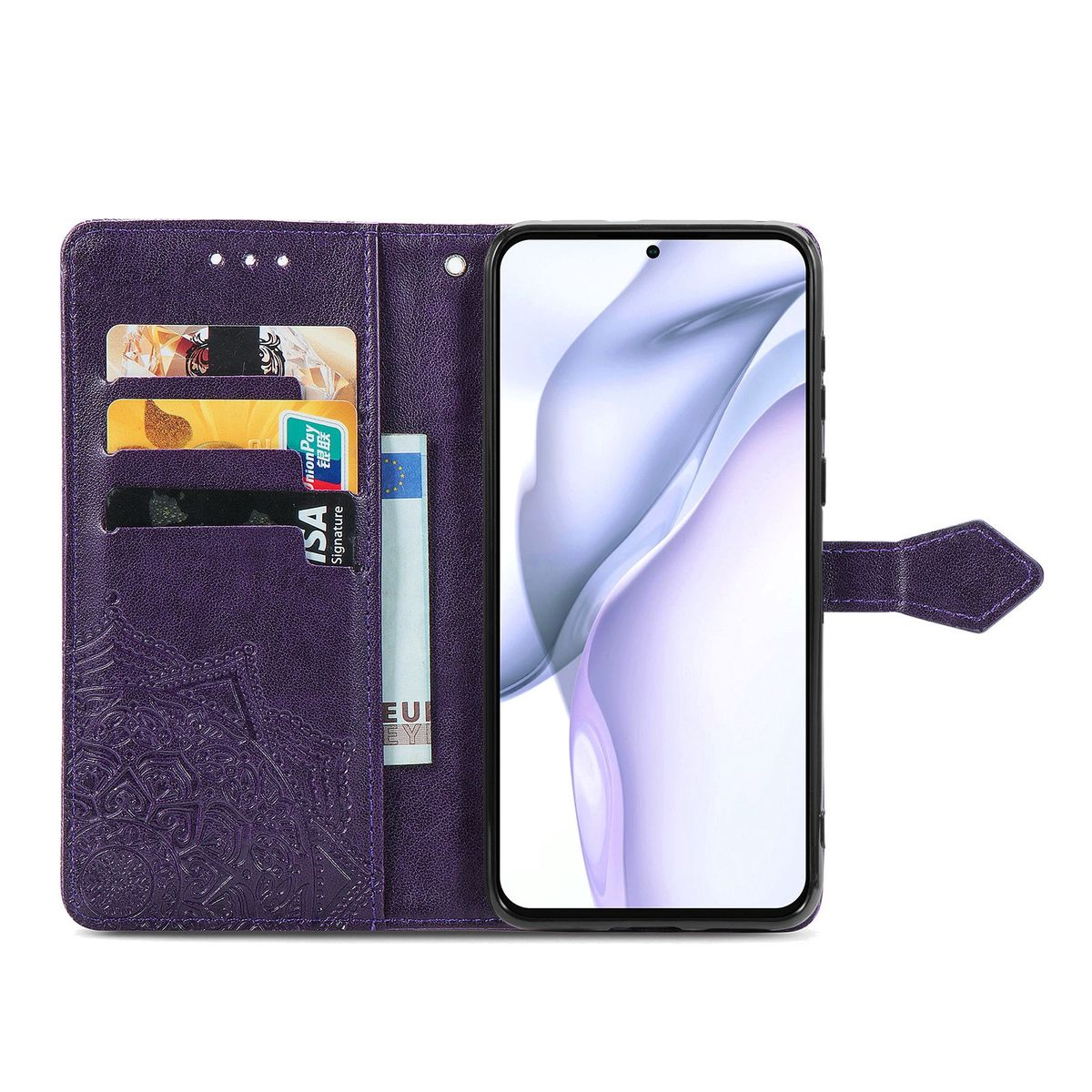 Lila Handyhülle, offen, mit Telefon, Karten und Geld. Dekoratives Design.