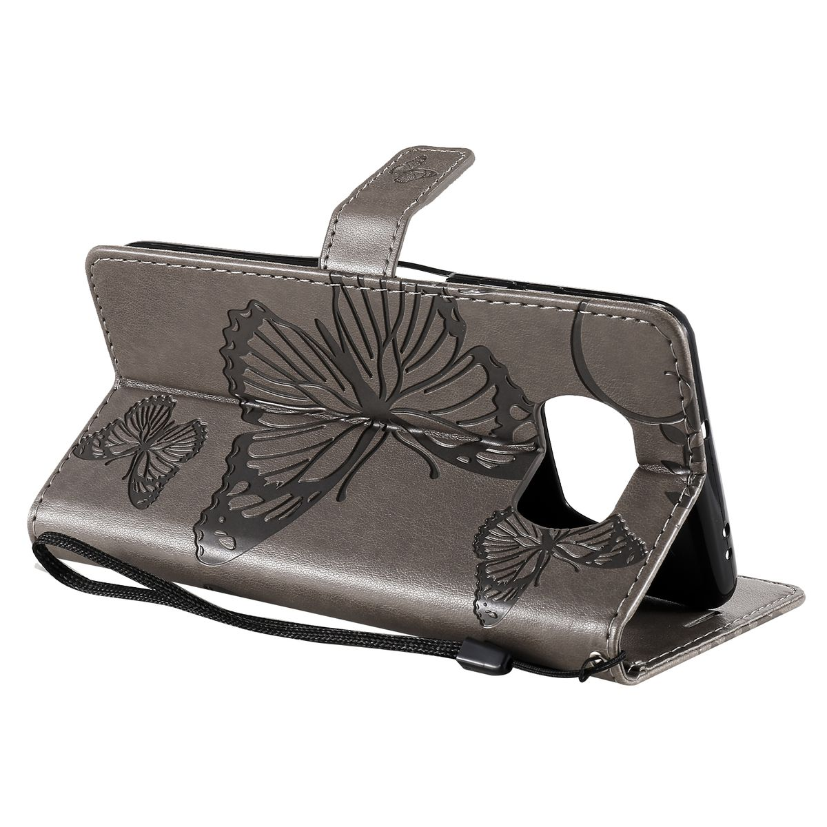 Graue Handyhülle mit Schmetterlingsdesign. Die Hülle ist offen und zeigt ein Telefon und einen Riemen.