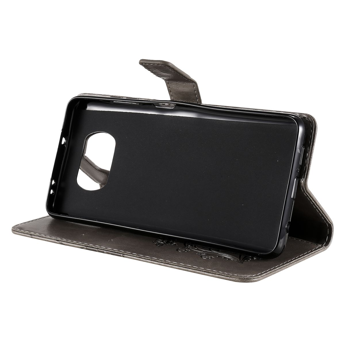 Graue Handyhülle offen, Telefon sichtbar. Hülle mit Standfunktion. Weißer Hintergrund.