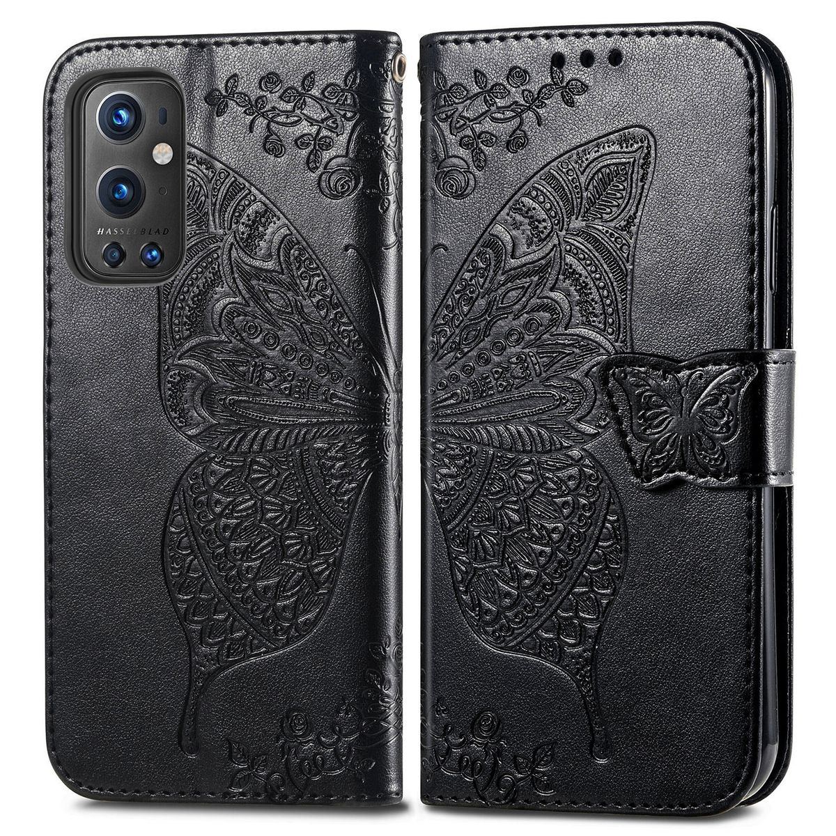 Schwarze Handyhülle mit Schmetterlingsdesign. Geschlossene und offene Ansichten, mit floralen Details.