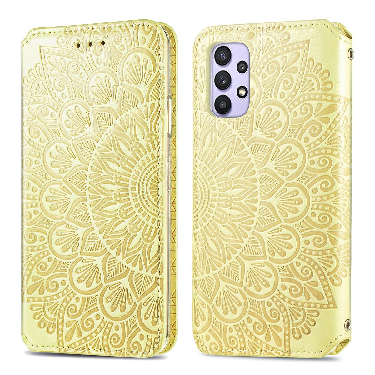 Gelbe Handyhülle mit floralem Muster. Die Handyhülle ist geöffnet und zeigt das Telefon.