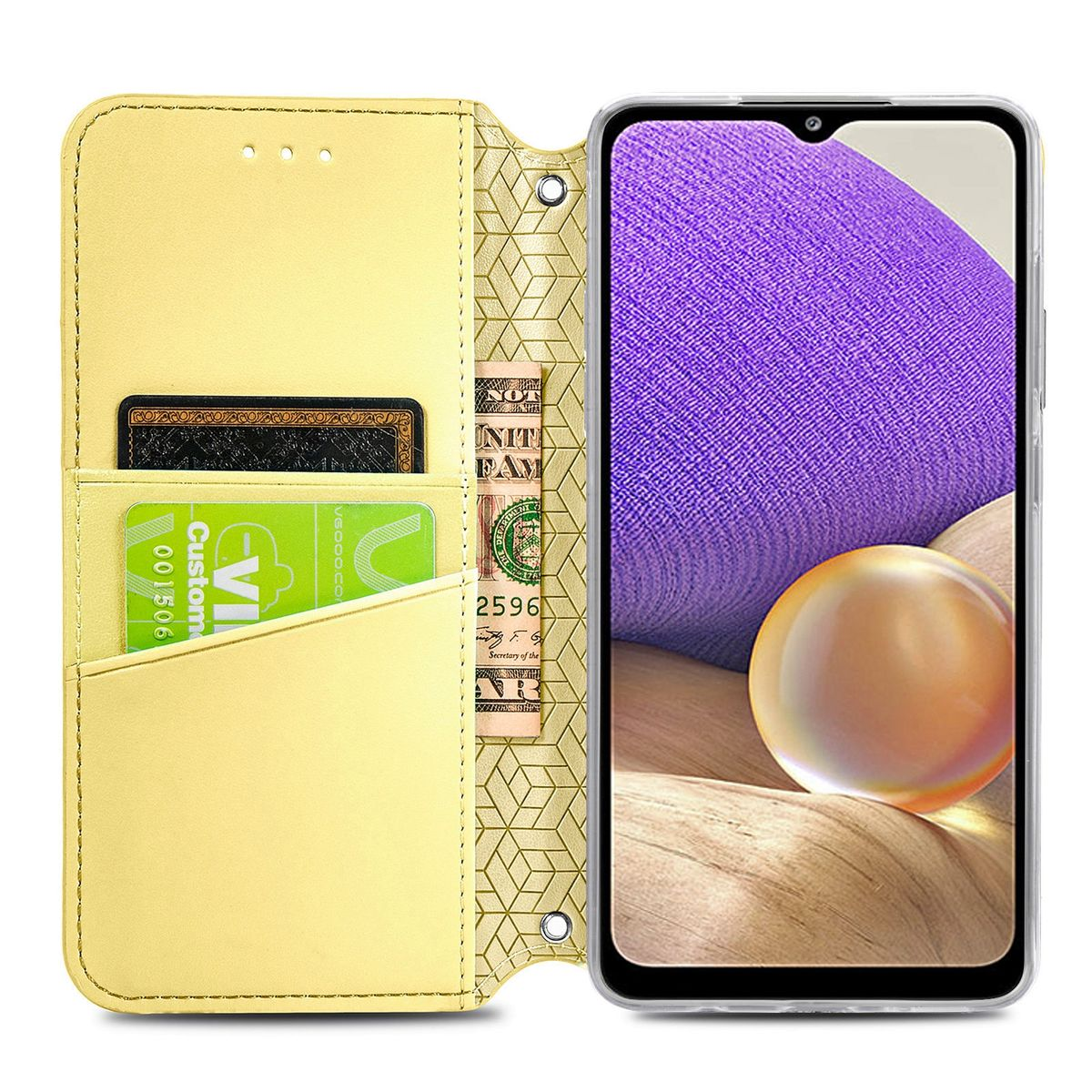 Geöffnete gelbe Handyhülle mit Telefon im Inneren. Karten und eine Rechnung befinden sich im Etui.
