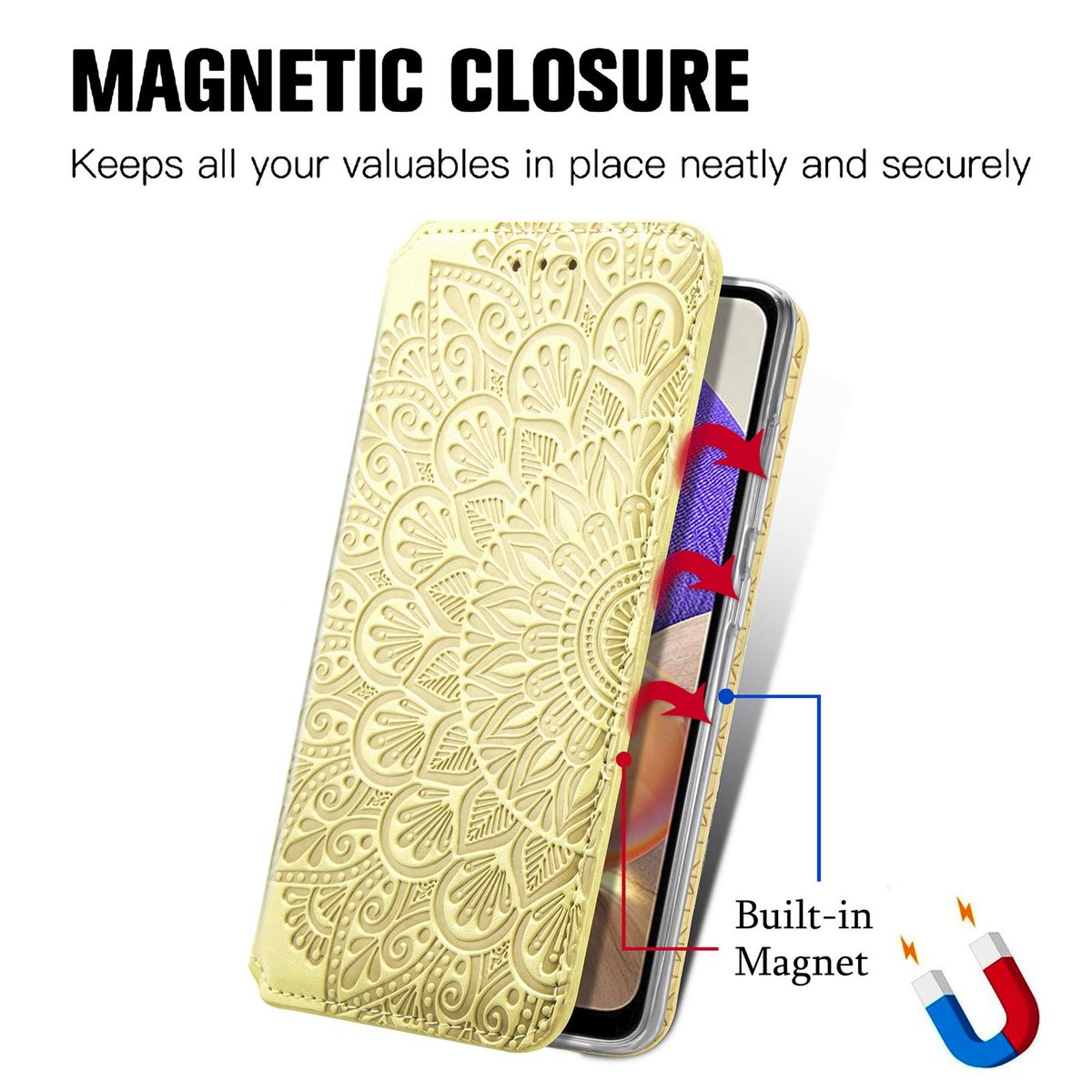 Gelbe Handyhülle mit Mandala-Design, Magnetverschluss, Telefon innen, blaue und rote Magnete.