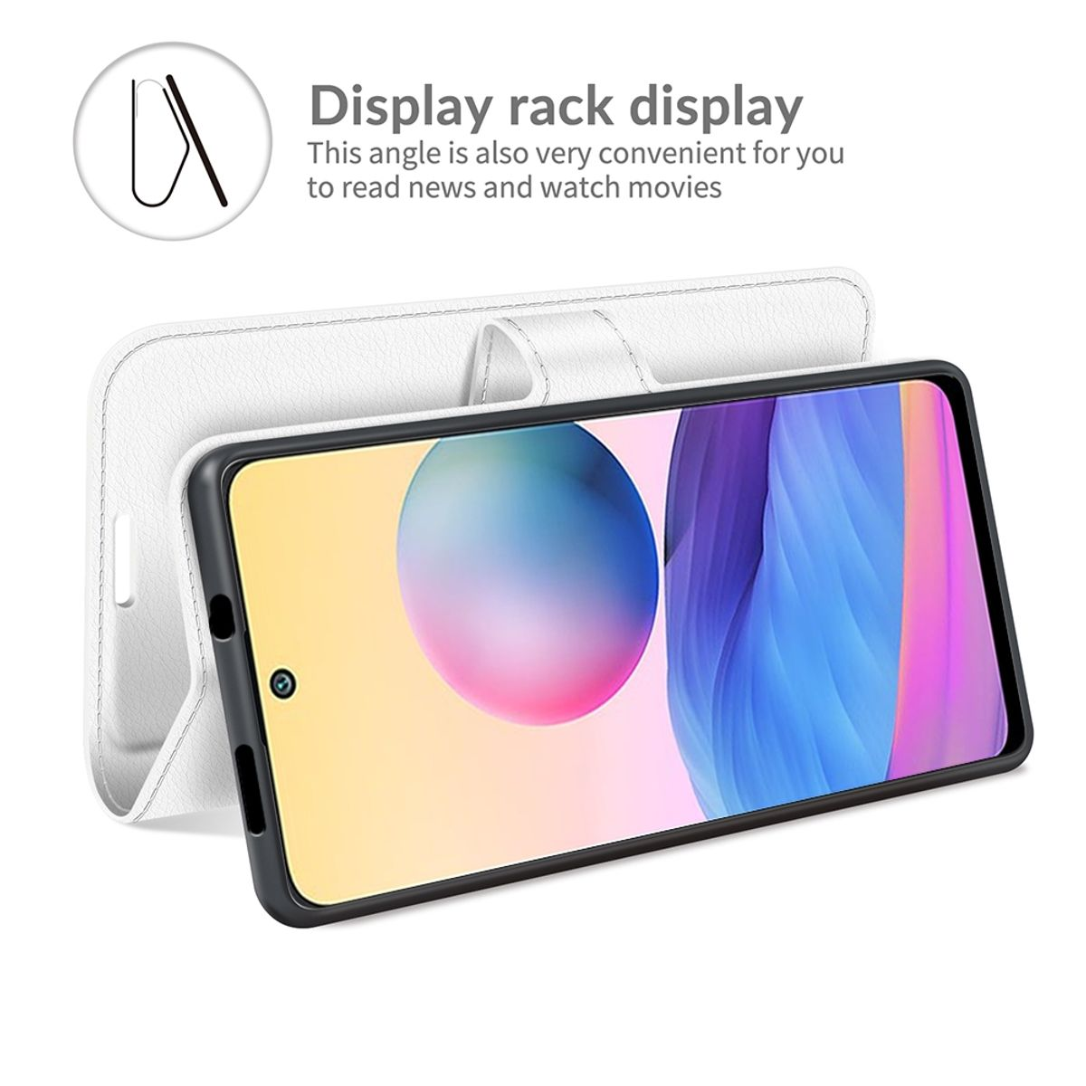 Weiße Handyhülle mit Telefon darin, in einer Displayposition. Weißer Hintergrund.