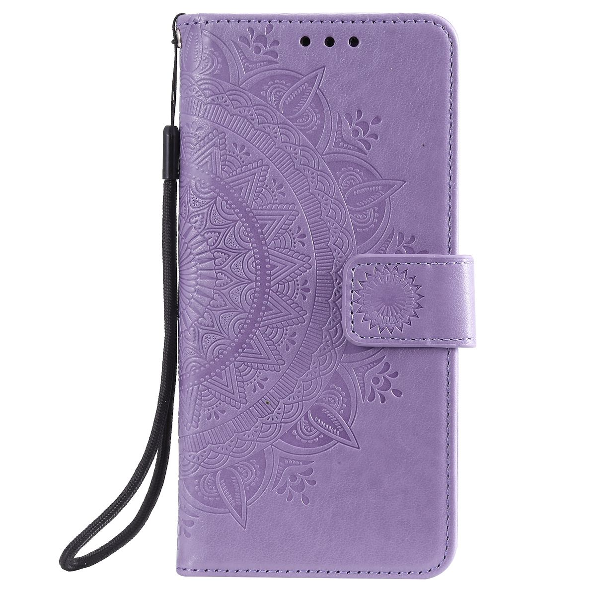 Lila Handyhülle mit Mandala-Design und Handschlaufe.