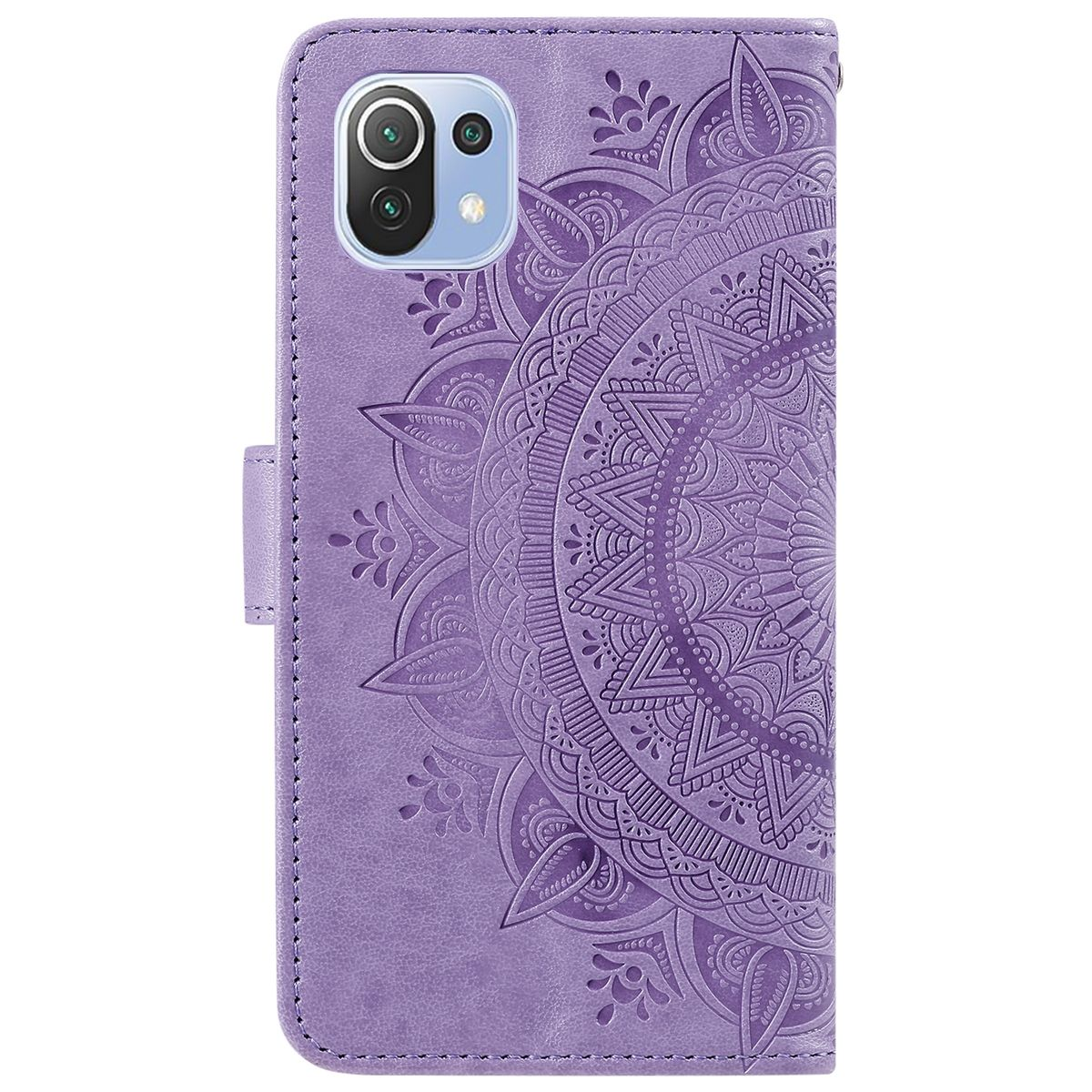 Lila Handyhülle mit Mandala-Design. Telefon hat drei Objektive.