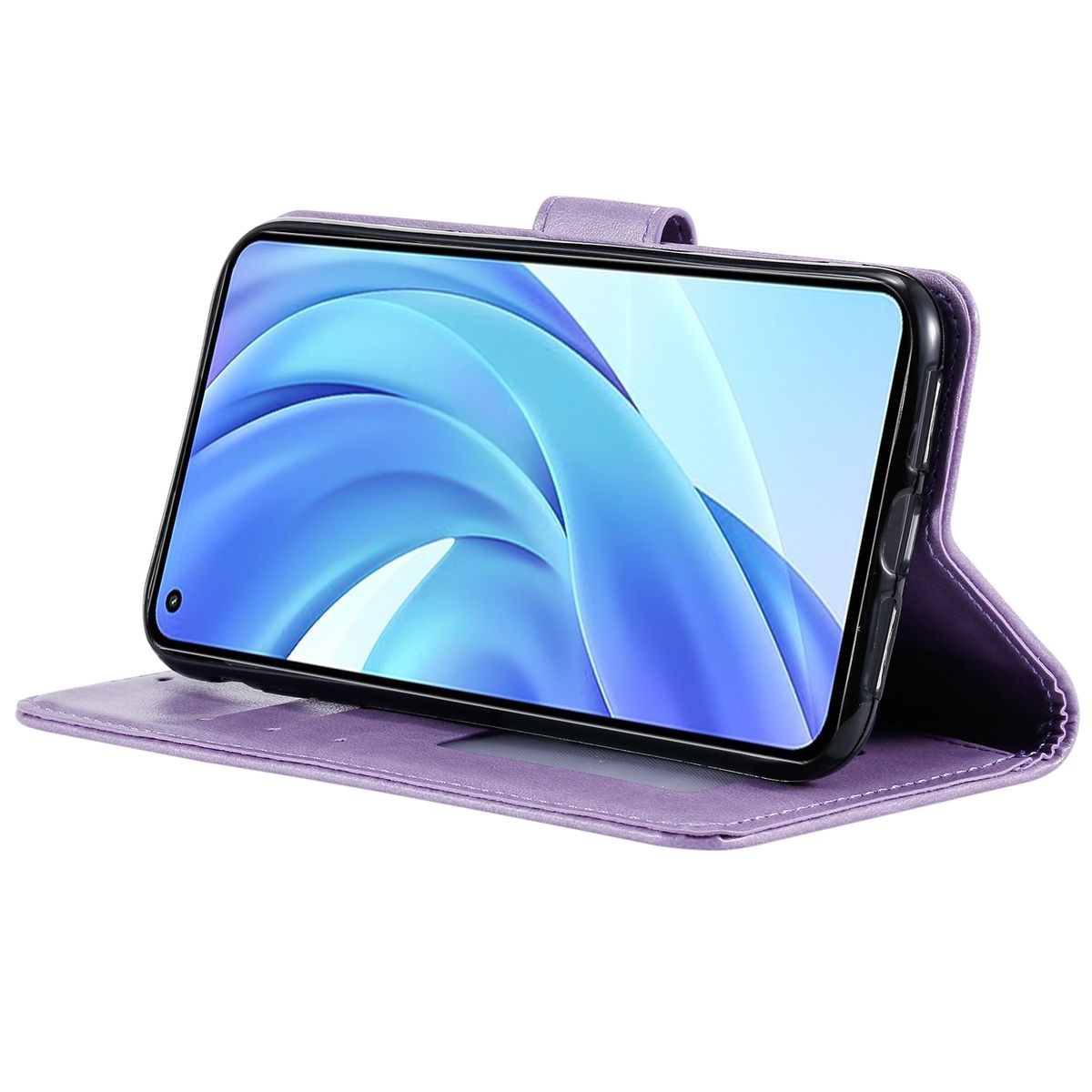 Lila Handyhülle mit Telefon. Hülle ist offen. Weißer Hintergrund.