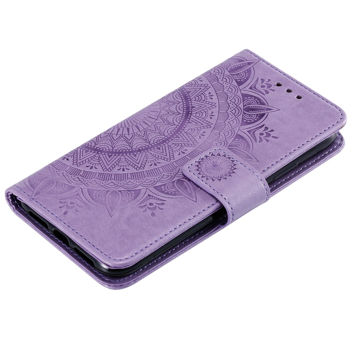 Lila Handyhülle, geschlossen, mit Mandala-Design. Hülle wird mit Magnetklappe geschlossen.