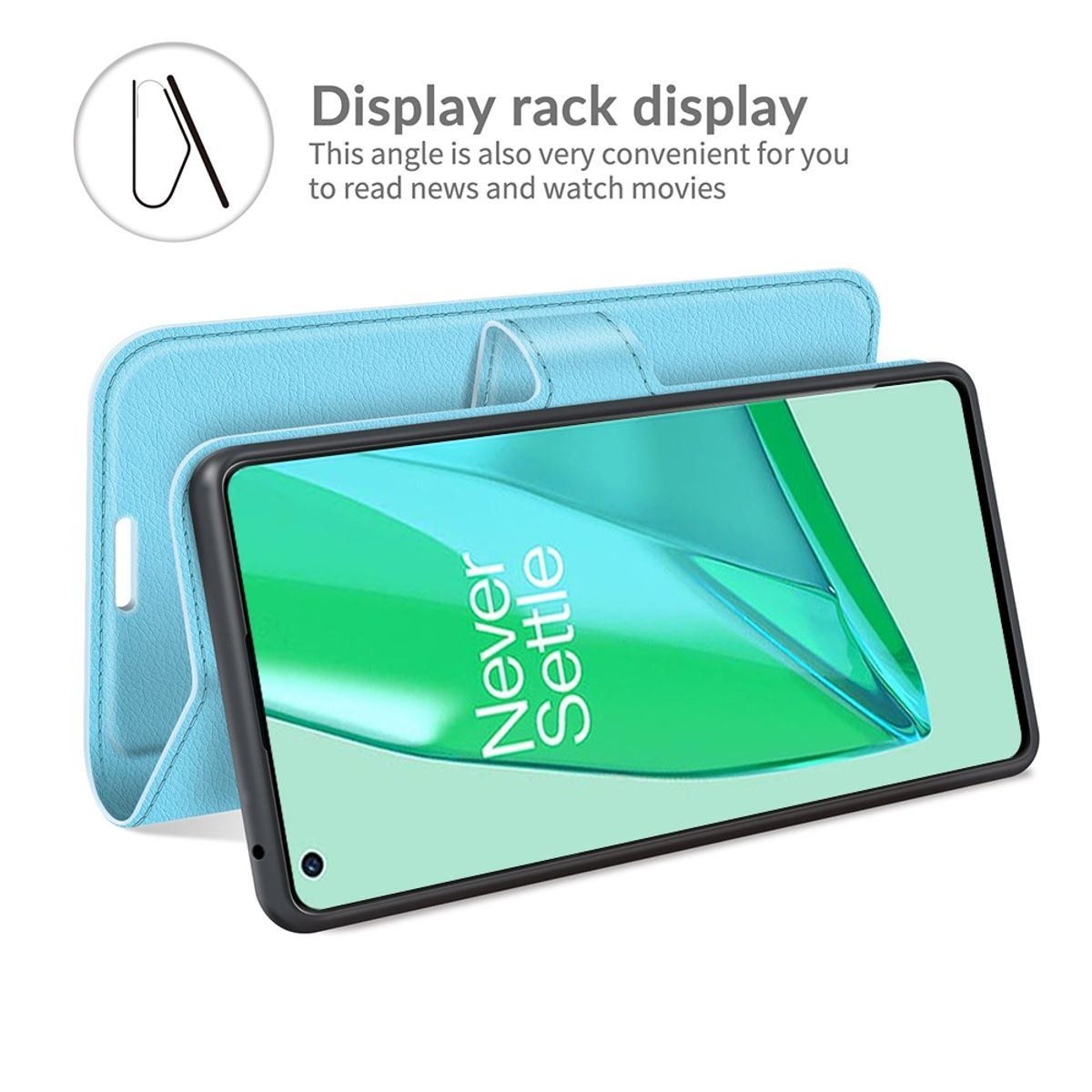 Blaue Handyhülle mit Handy darin. Das Handy zeigt 'Never Settle'.