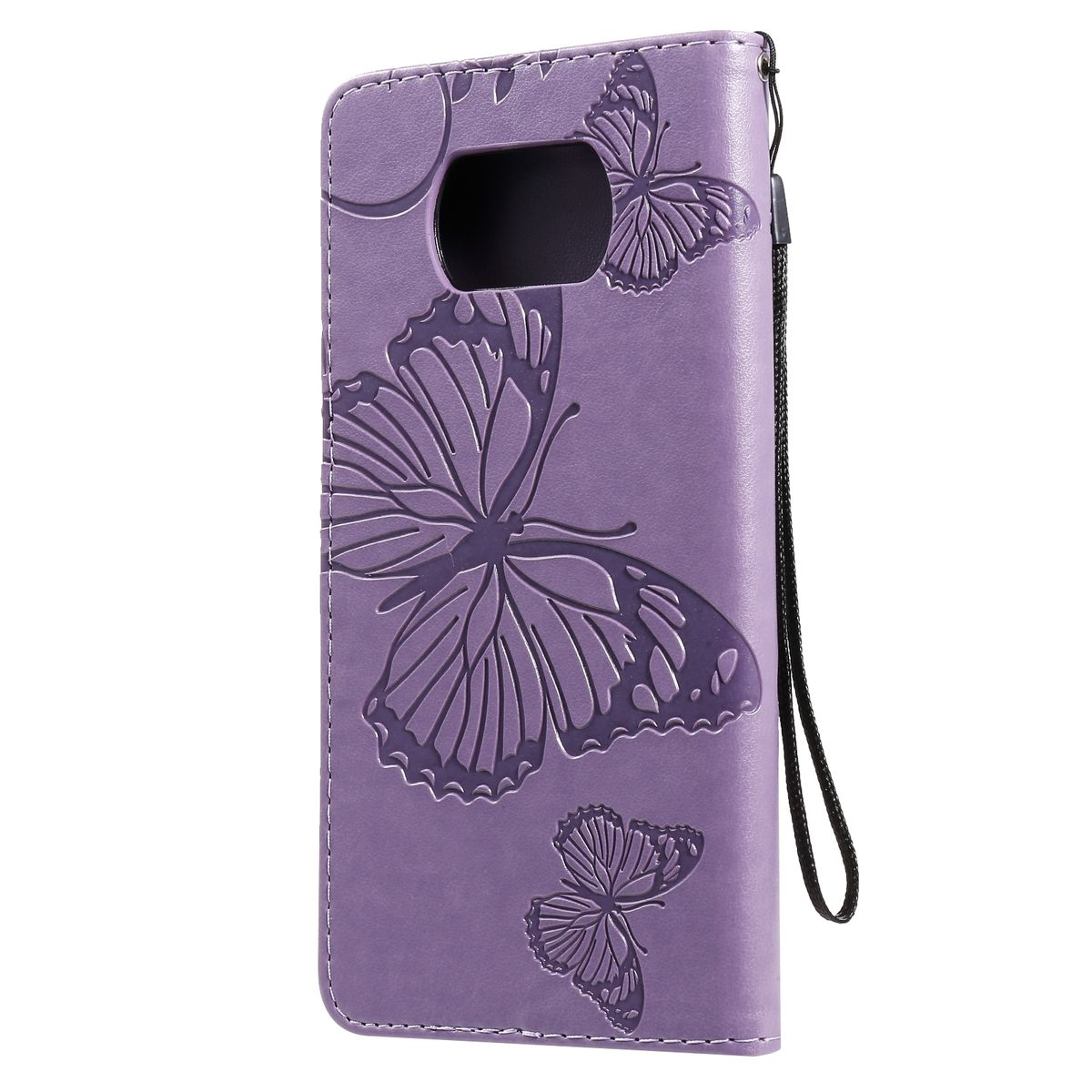Lila Handyhülle mit Schmetterlingsdesign. Die Hülle ist geschlossen, mit einem Riemen.