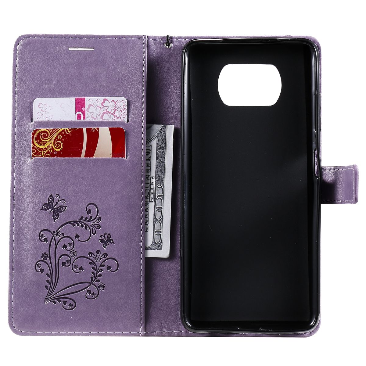 Eine lila Handyhülle mit Kartenfächern, Geld und einem Telefon. Schmetterlinge sind auf dem Gehäuse.