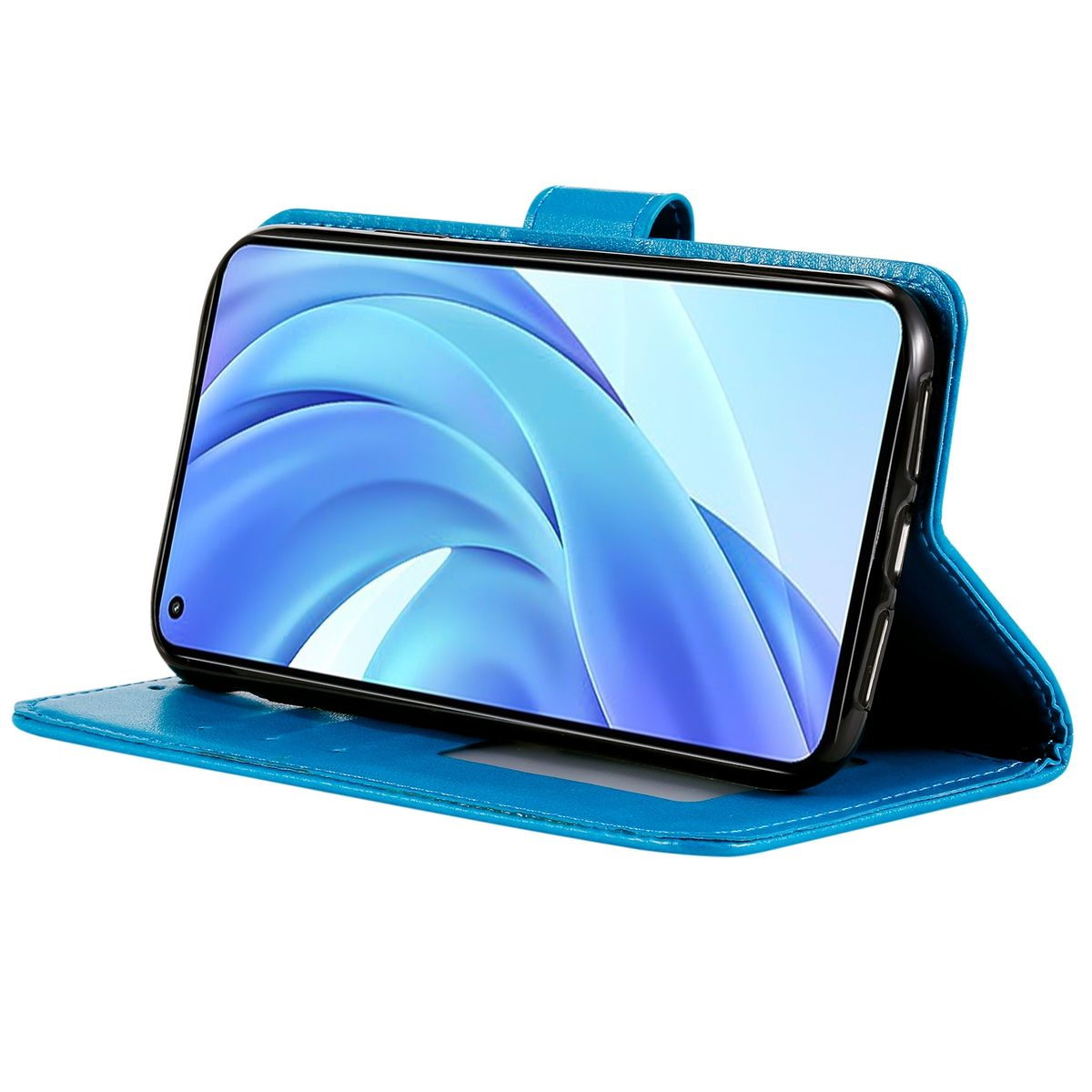 Geöffnete blaue Handyhülle mit Telefon. Der Telefonbildschirm zeigt blaue Wellen. Weißer Hintergrund.