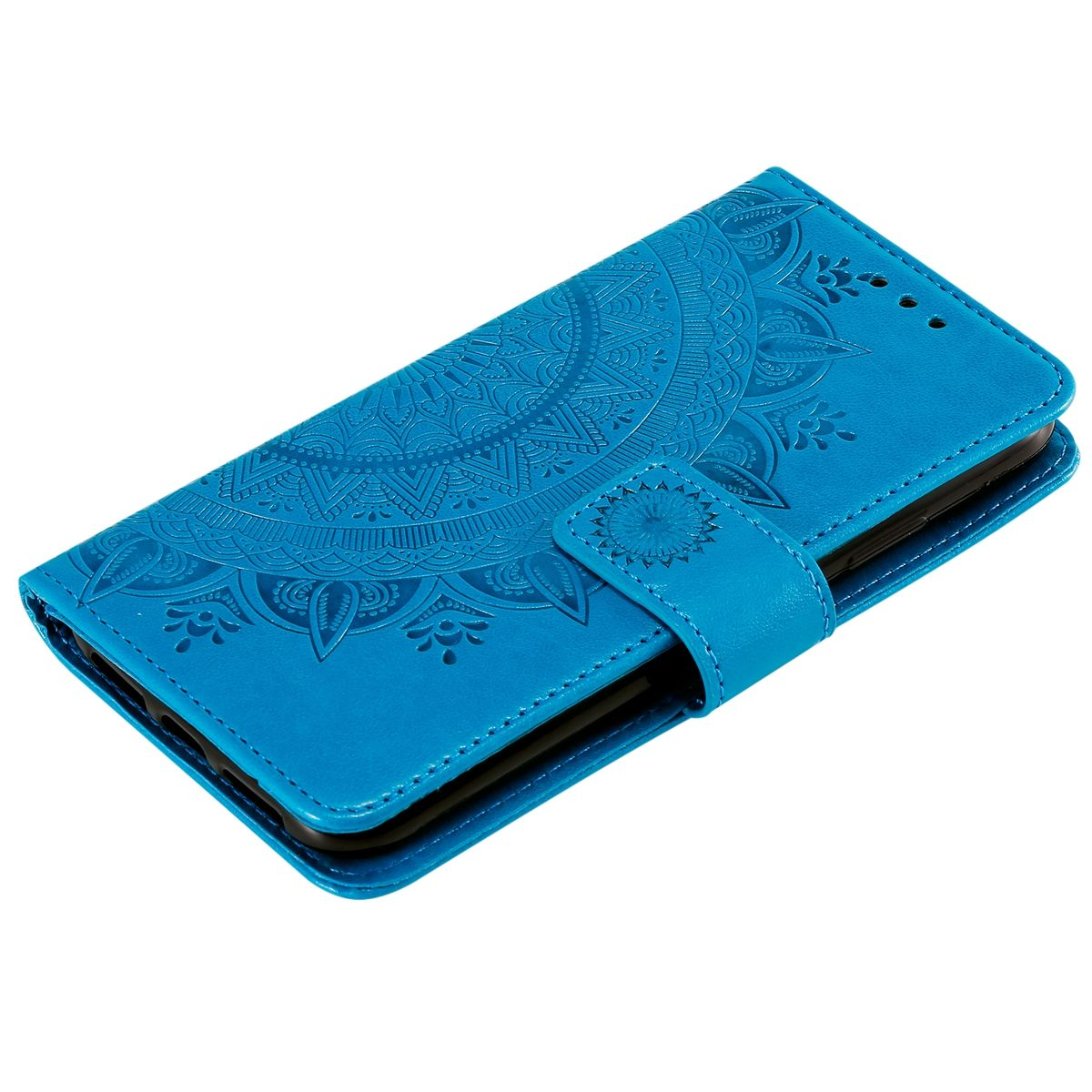 Blaue Handyhülle mit floralem Muster vorne. Geschlossen und mit Riemen.