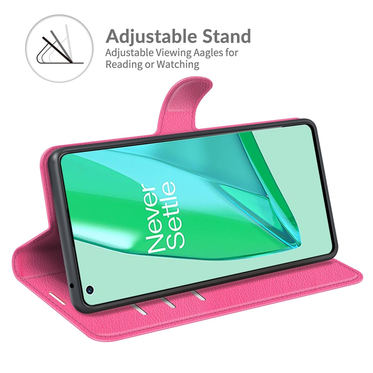 Eine rosa Handyhülle mit Telefon im Inneren, für die Anzeige abgewinkelt. Der Bildschirm zeigt Text.