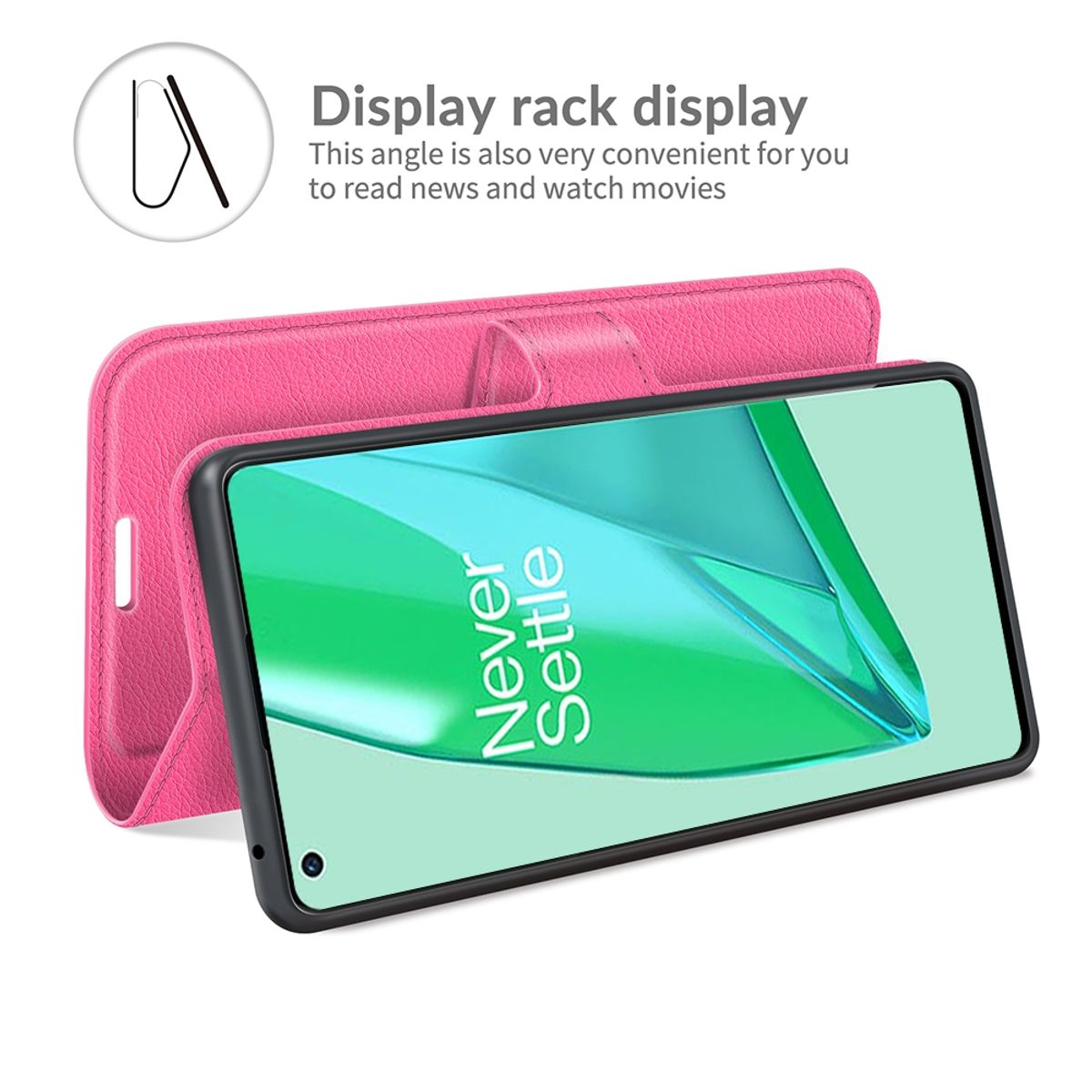 Pinkes Handycase im Ständer. Das Telefon ist geöffnet und zeigt den Text „Never Settle“.