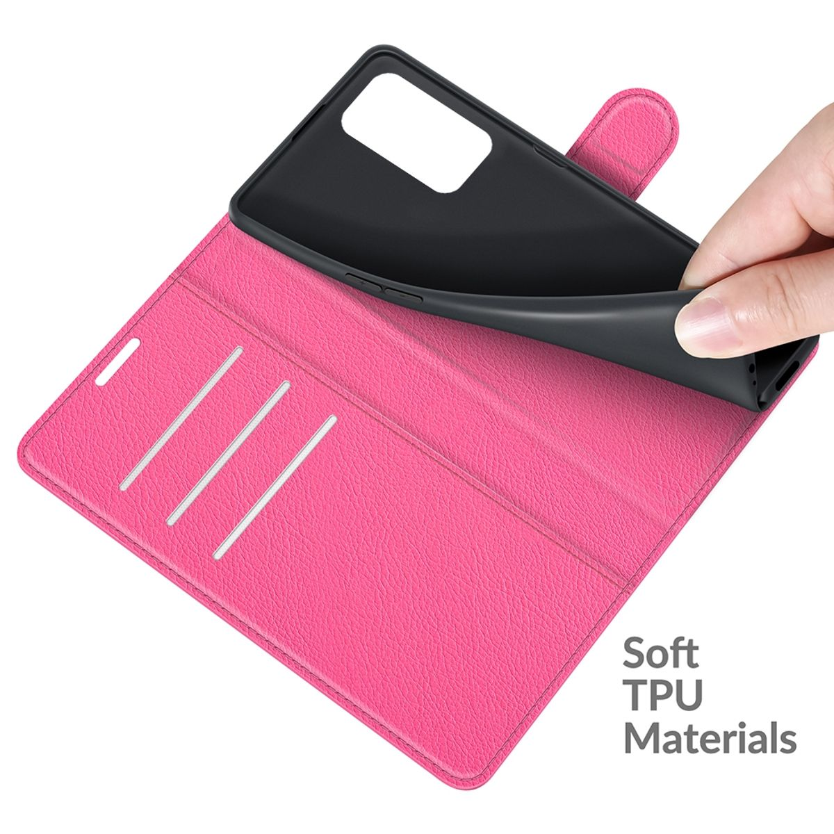 Rosa Handyhülle mit Hand, die das schwarze Telefon hält. 'Soft TPU Materials' Text in der Ecke.