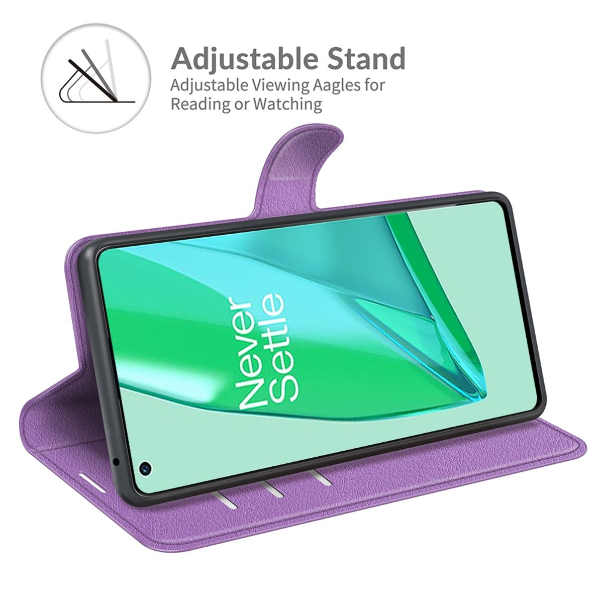 Eine lila Handyhülle offen, mit einem Telefon darin. Der Bildschirm zeigt die Worte "Never Settle".