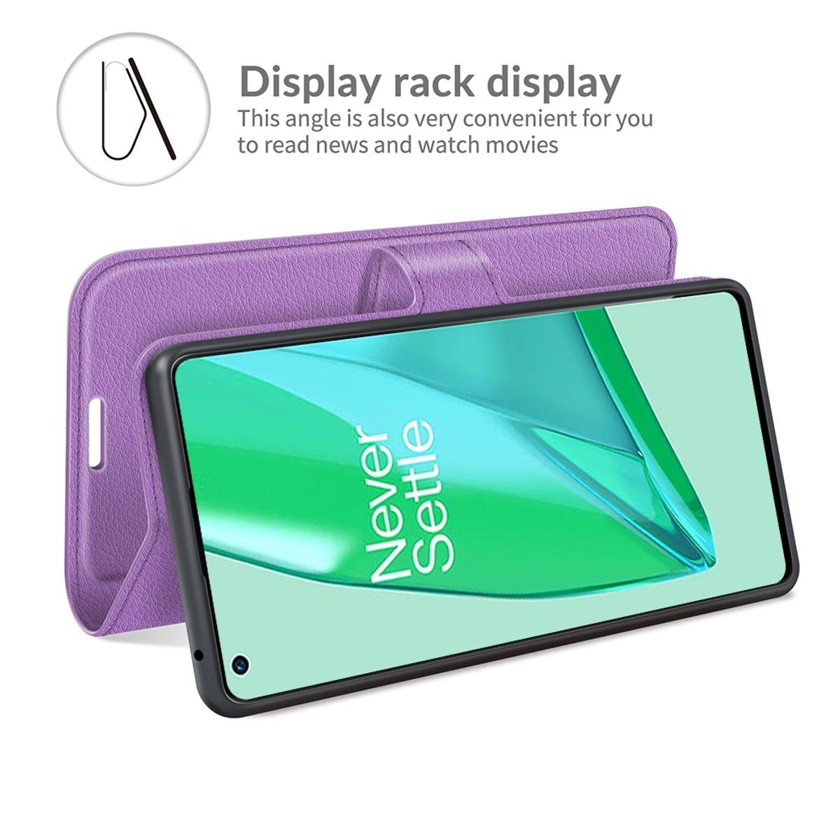 Lila Handyhülle mit Telefon. Weißer Hintergrund und ein Display-Rack-Display.