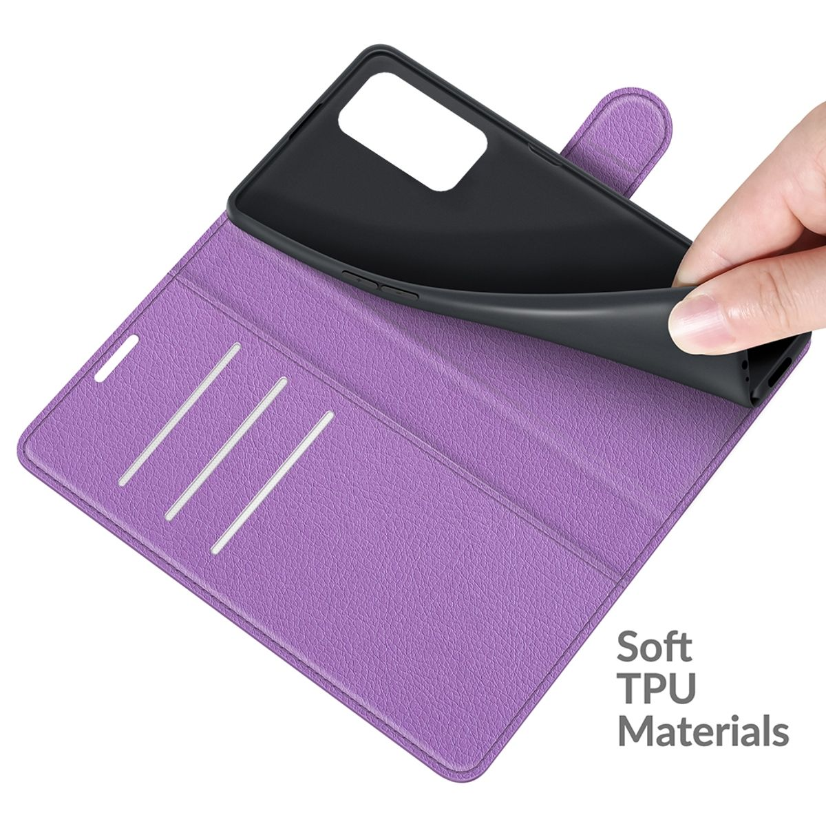 Lila Handyhülle offen mit Handyhülle. Text: weiche TPU-Materialien.