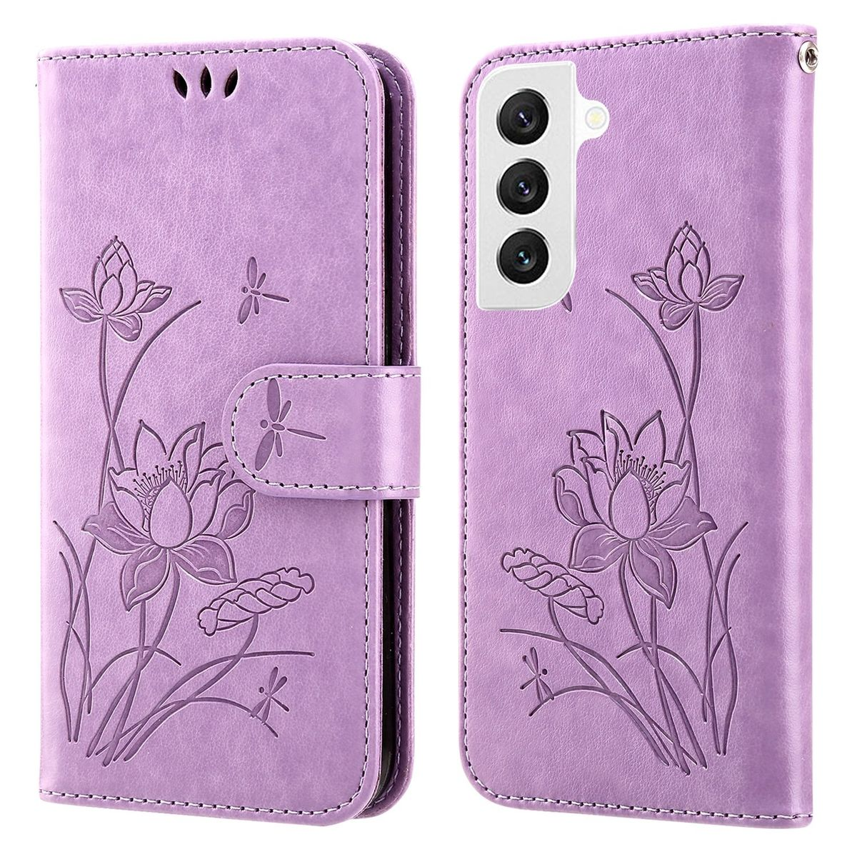 Lila Handyhülle mit Lotusblumen und Libellen.