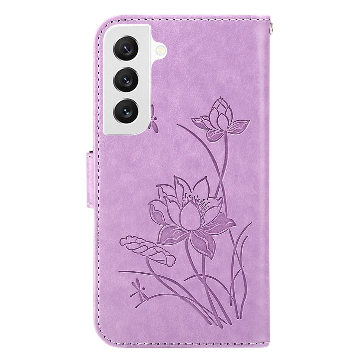 Eine lavendelfarbene Handyhülle mit Lotusblumen- und Libellen-Gravur.