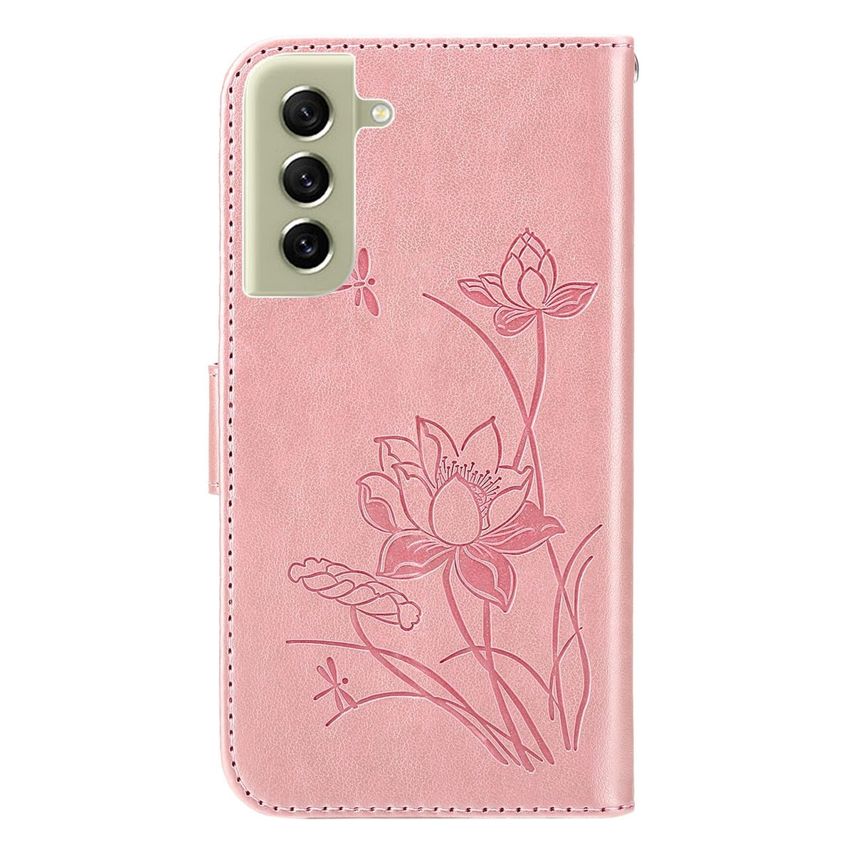 Rosa Handyhülle mit Lotusblumen-Design. Telefon auf der rechten Seite. Weißer Hintergrund.