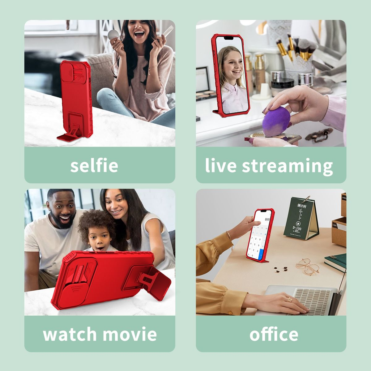 Rote Handyhülle in verschiedenen Anwendungen: Selfie, Live-Streaming, Filme schauen, Büro.