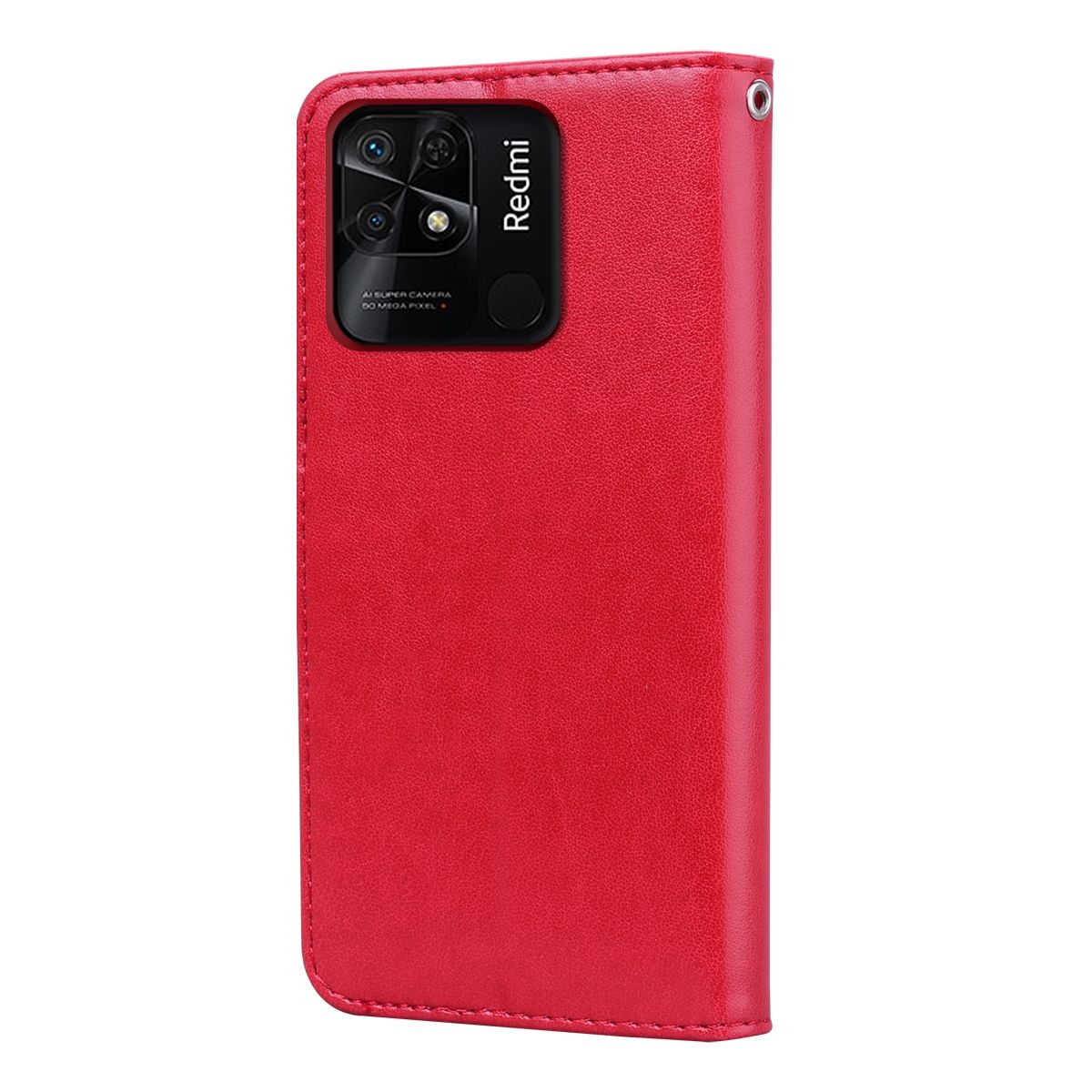 Rote Handyhülle mit Telefon im Inneren. Die Handyhülle hat ein Redmi-Logo und eine Dreifachkamera.