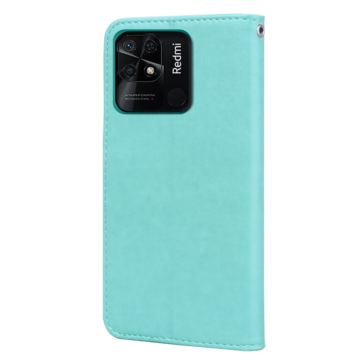 Hellblaue Handyhülle mit Telefon. Das Kameramodul ist sichtbar, die Hülle ist geschlossen.
