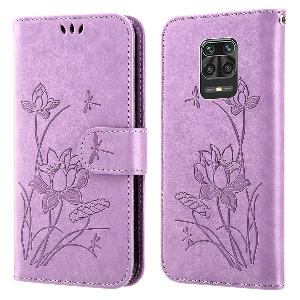Lila Handyhülle mit Blumendesign. Es zeigt ein Lotusblumen-Design und einen Magnetverschluss.