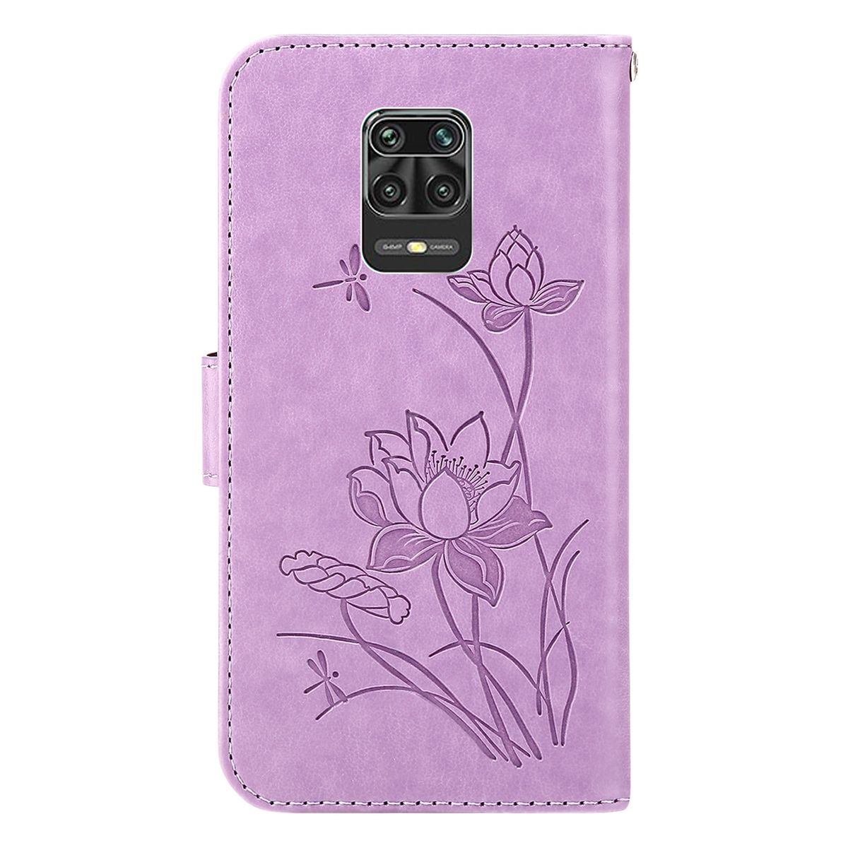Lila Handyhülle mit Lotusblumen-Design, zeigt Kamera- und Bildschirmausschnitte.
