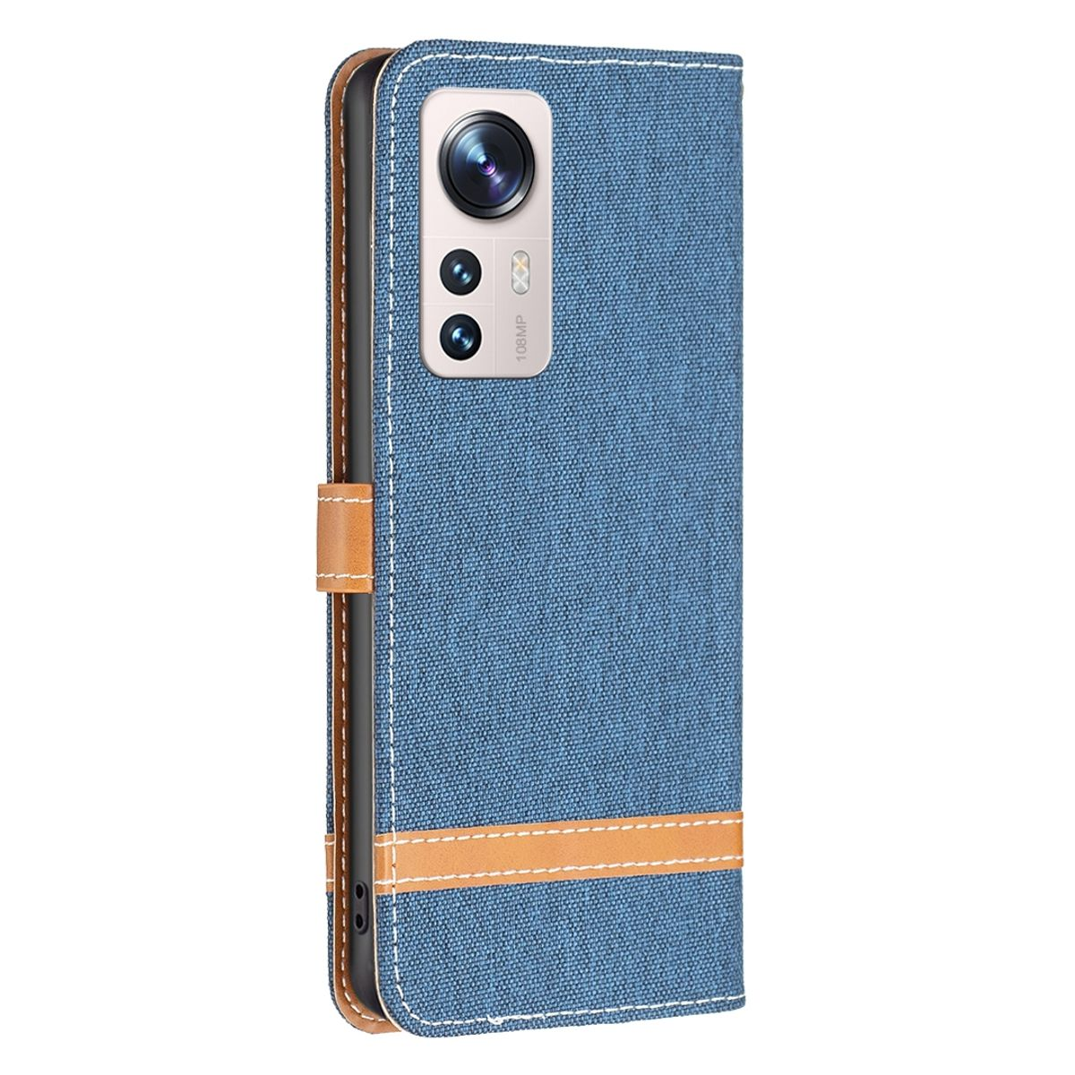 Blaue Handyhülle, offen, mit braunem Riemen. Das Telefon hat eine Kamera. Die Hülle ist blau und braun.